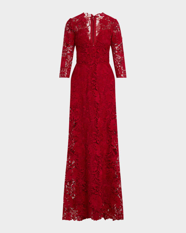 Plunging 3/4-Sleeve Guipure Lace Gown
